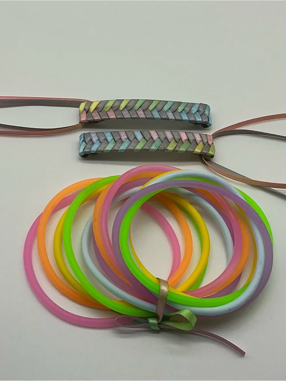 Pewter and Pastel Rainbow 80s Barrettes & 12 Jelly Bracelets